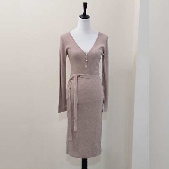 All Row Ribbed Knit Sweater Dress L | Mauve Midi Wool Cozy Soft Tie Waist NWOT - Picture 2 of 10